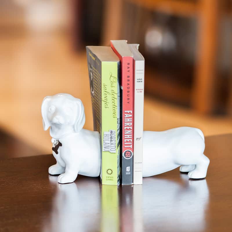 White Dachshund Dog Bookend Set