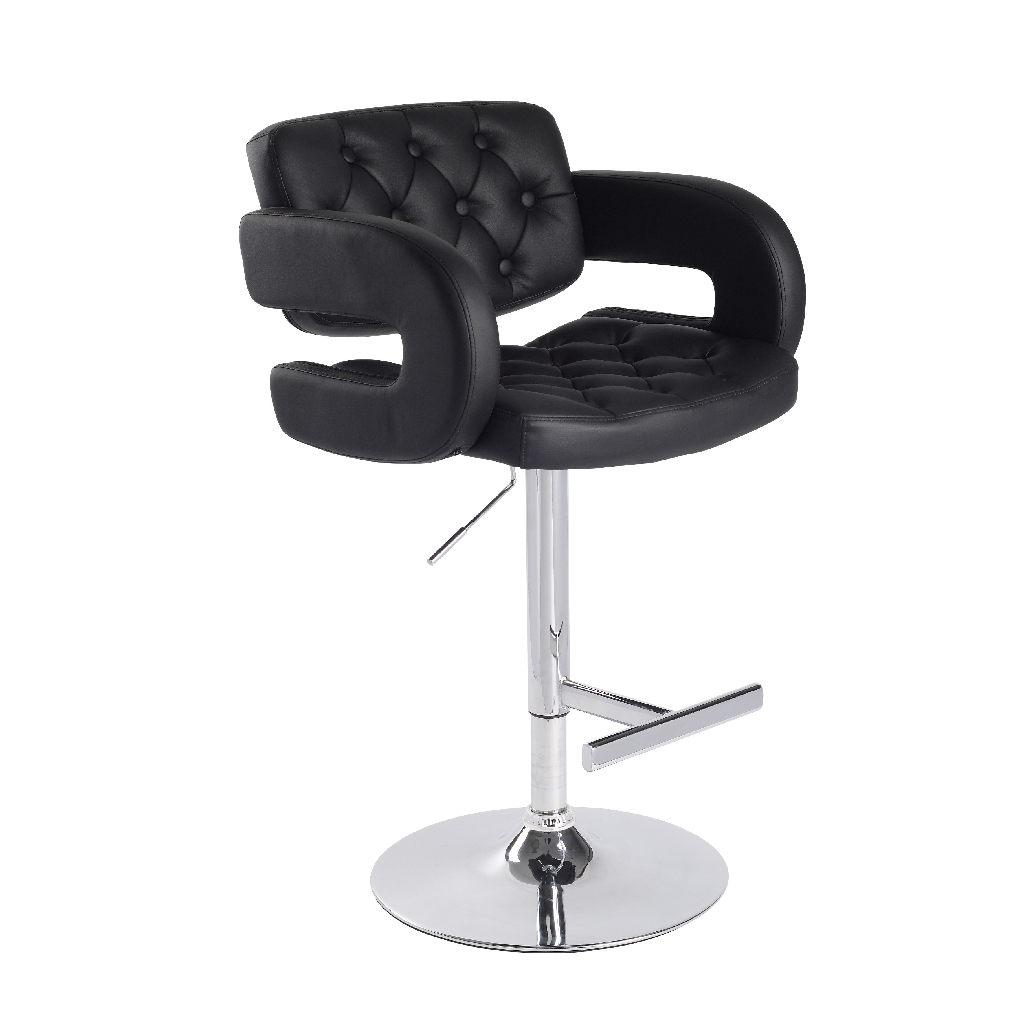 Black Button tufted Leatherette Adjustable Swivel Arm Bar Stool