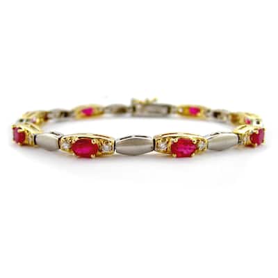 Kabella 14k Two-tone Matte Gold Oval Ruby Diamond Bracelet