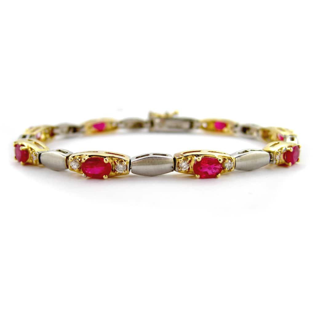 Kabella 14k Two-tone Matte Gold Oval Ruby Diamond Bracelet