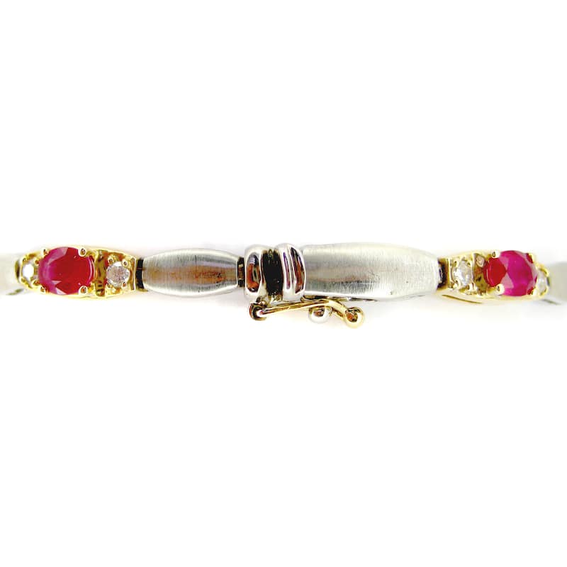 Kabella 14k Two-tone Matte Gold Oval Ruby Diamond Bracelet