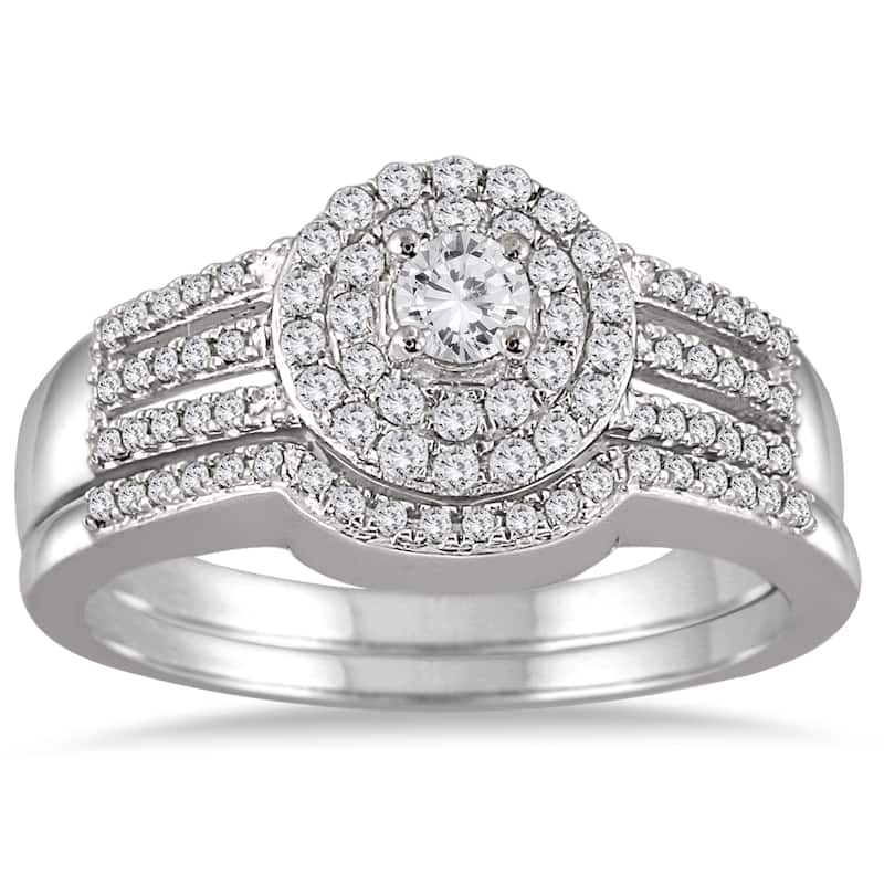 Marquee Jewels 10k White Gold 1/2ct TDW Diamond Double Halo Split Shank Bridal Set