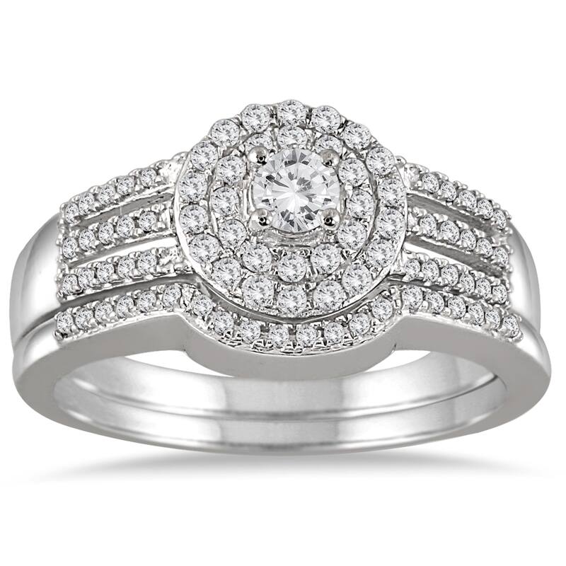 Marquee Jewels 10k White Gold 1/2ct TDW Diamond Double Halo Split Shank Bridal Set