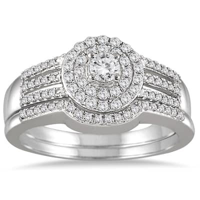 Marquee Jewels 10k White Gold 1/2ct TDW Diamond Double Halo Split Shank Bridal Set