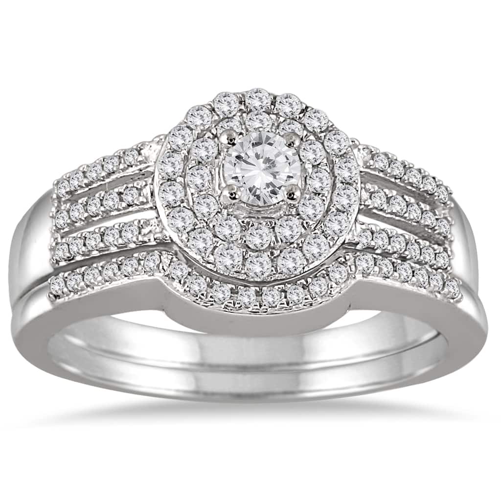 Marquee Jewels 10k White Gold 1/2ct TDW Diamond Double Halo Split Shank Bridal Set