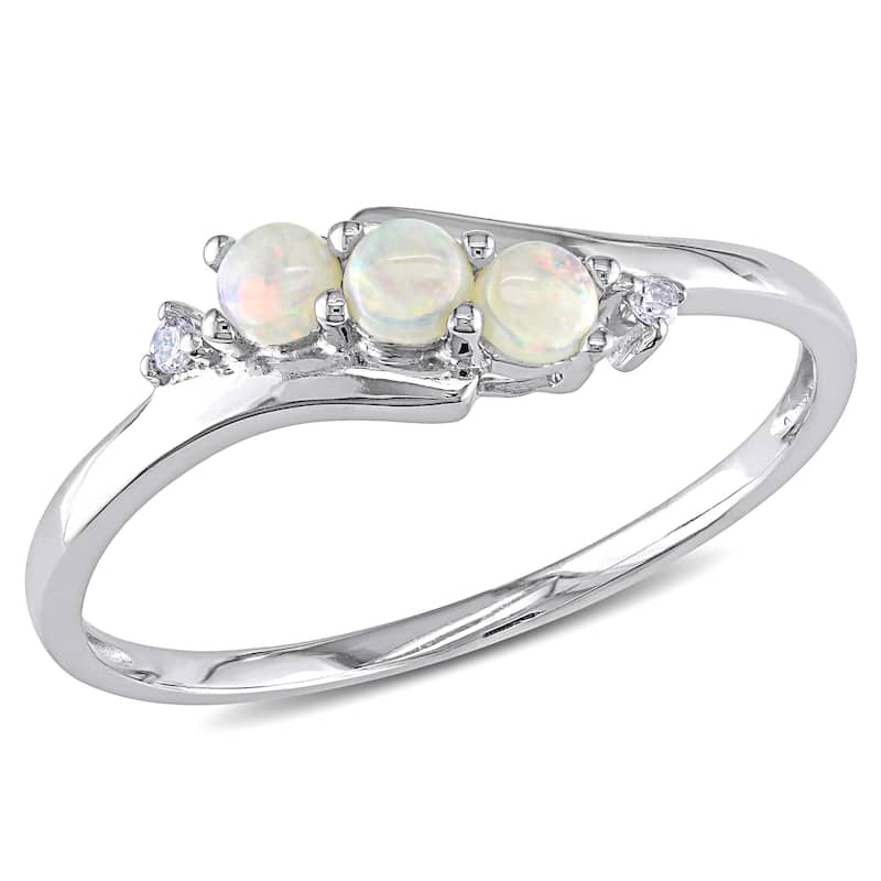 Miadora 10k White Gold Opal and Diamond Accent Three Stone Ring - 4.5