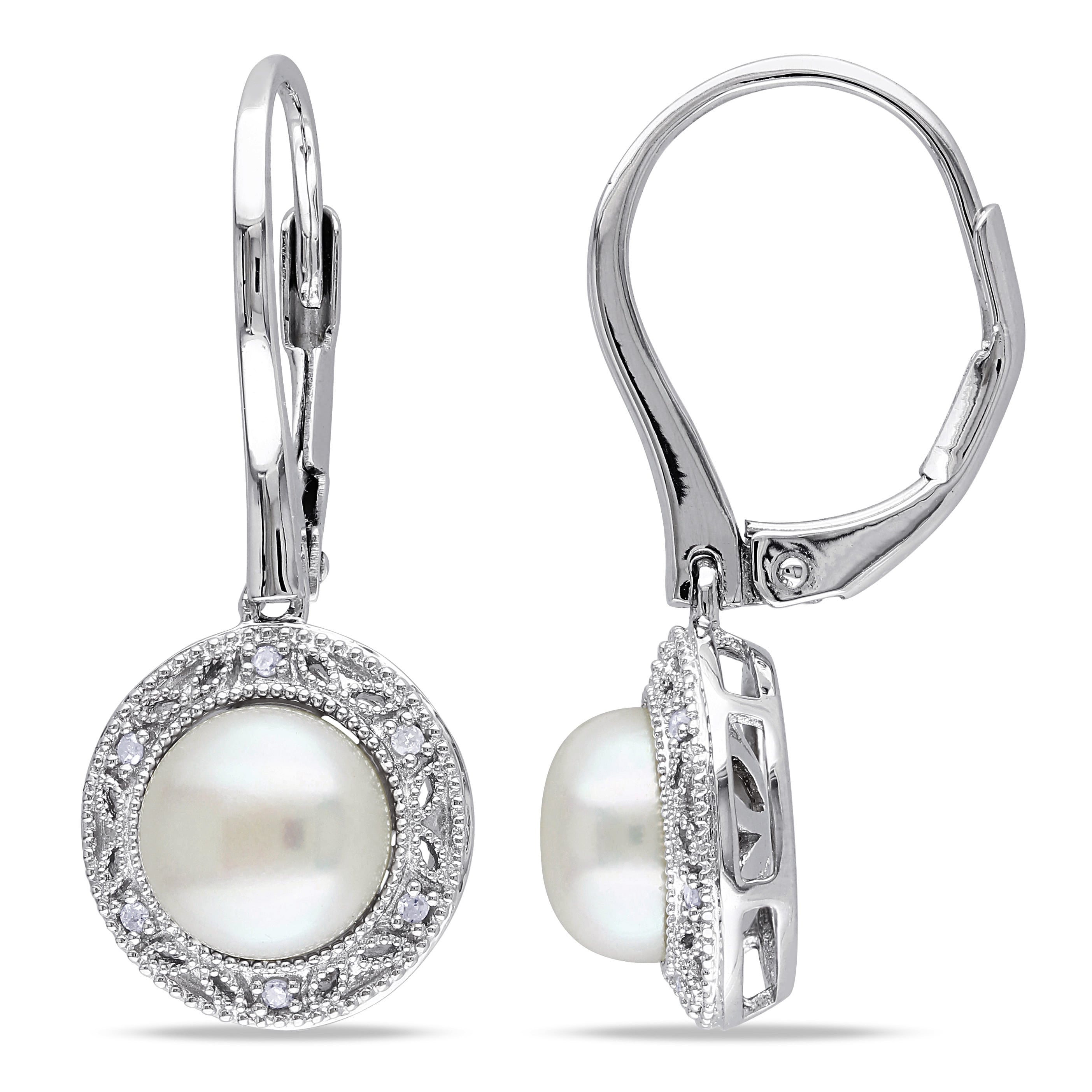 Miadora Sterling Silver White Pearl and Diamond Accent Earrings (7.5-8 mm)