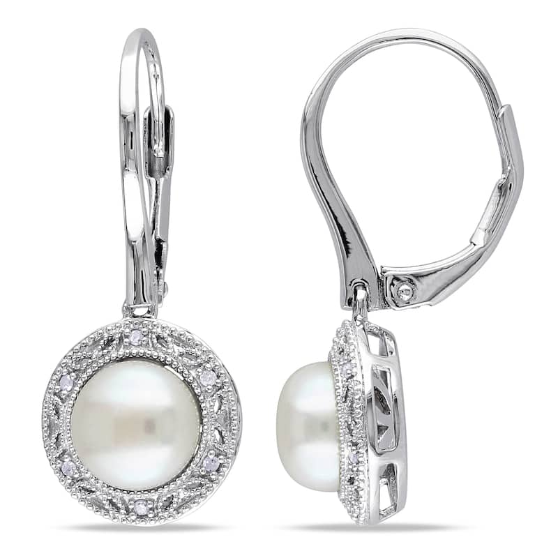Miadora Sterling Silver White Pearl and Diamond Accent Earrings (7.5-8 mm)