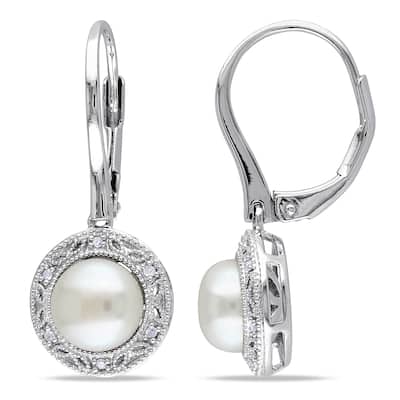 Miadora Sterling Silver White Pearl and Diamond Accent Earrings (7.5-8 mm)