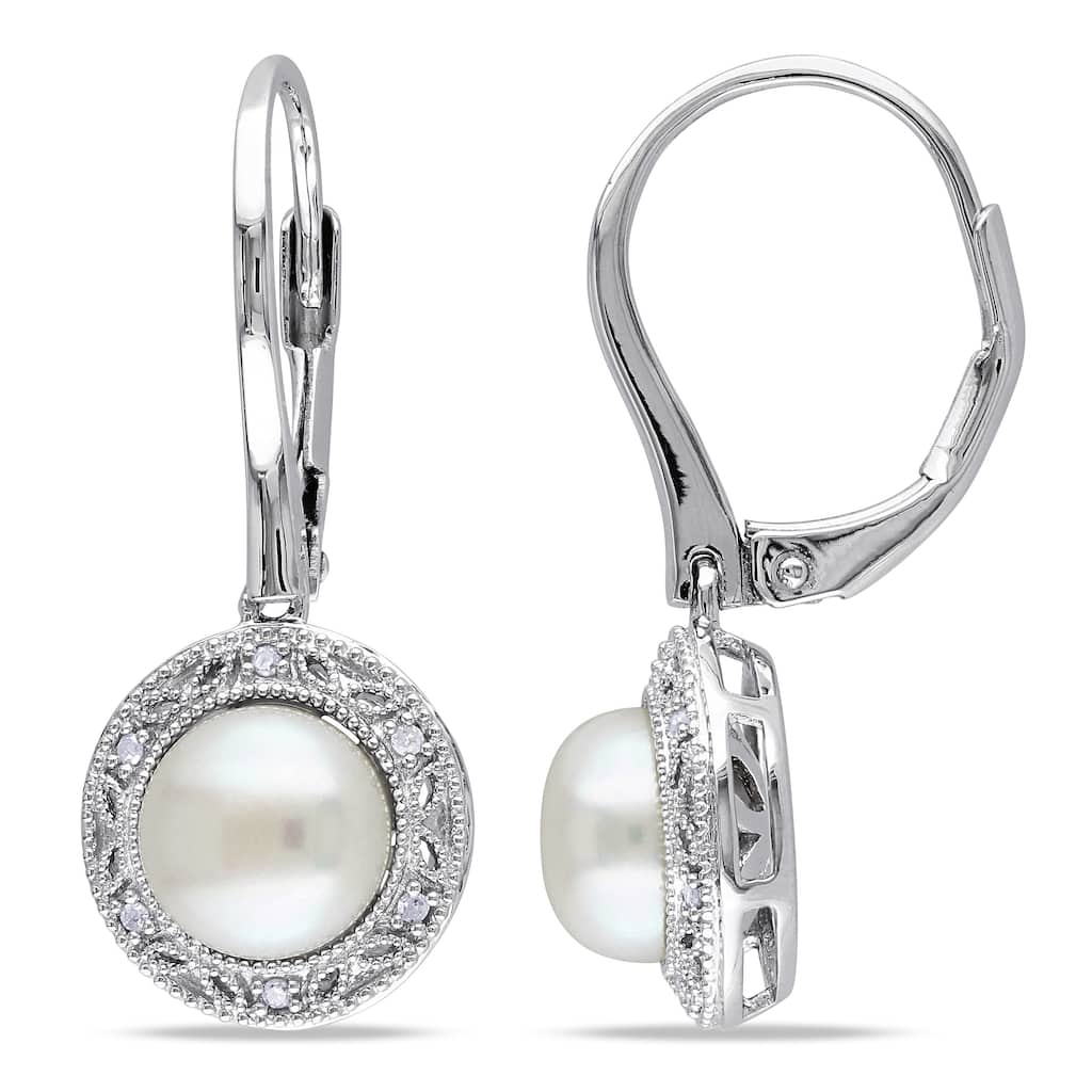 Miadora Sterling Silver White Pearl and Diamond Accent Earrings (7.5-8 mm)