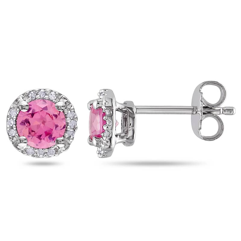 Miadora Silver Created Pink Sapphire and Diamond Accent Halo Earrings