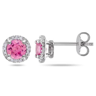 Miadora Silver Created Pink Sapphire and Diamond Accent Halo Earrings