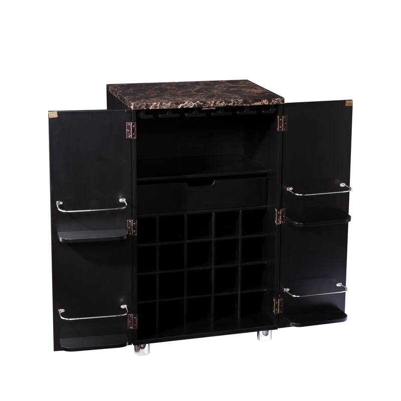 SEI Furniture Cornelia Black Wine Bar Cabinet with Faux Marble Top