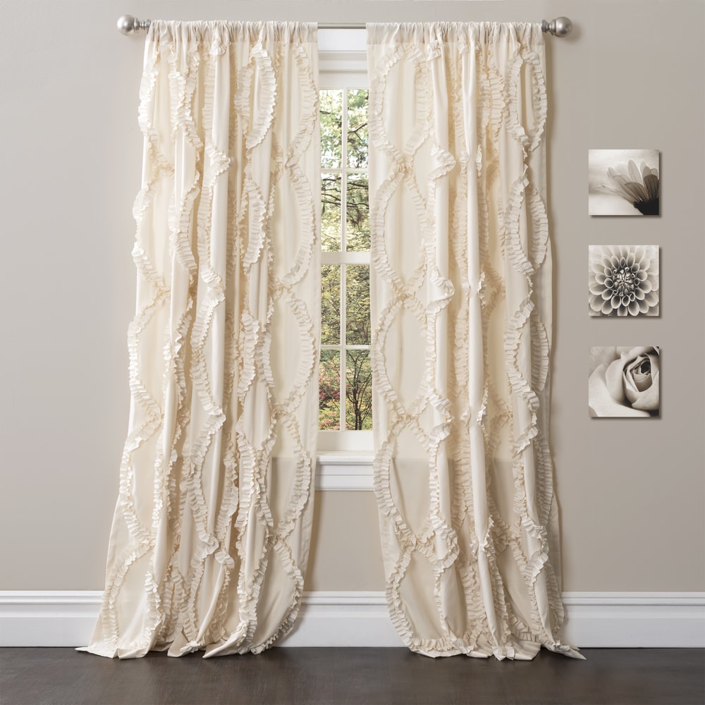 Lush Decor Luxury Vintage Velvet and Sheer with Border Pompom Trim Window Curtain Panel Single - 84 x 42 - Ivory/Ivory