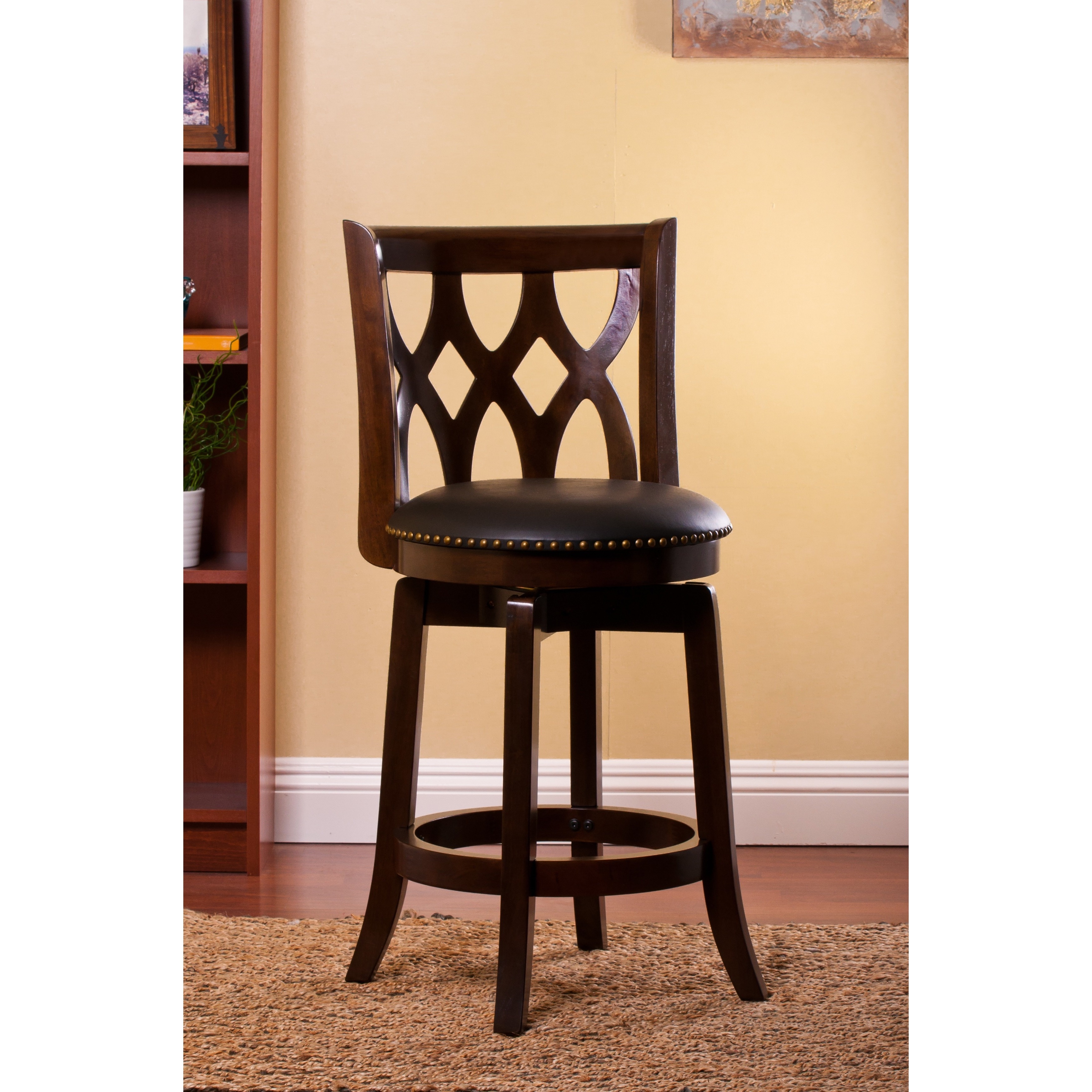 Sophisticated Black Upholstered Natural Finish Swivel Stool