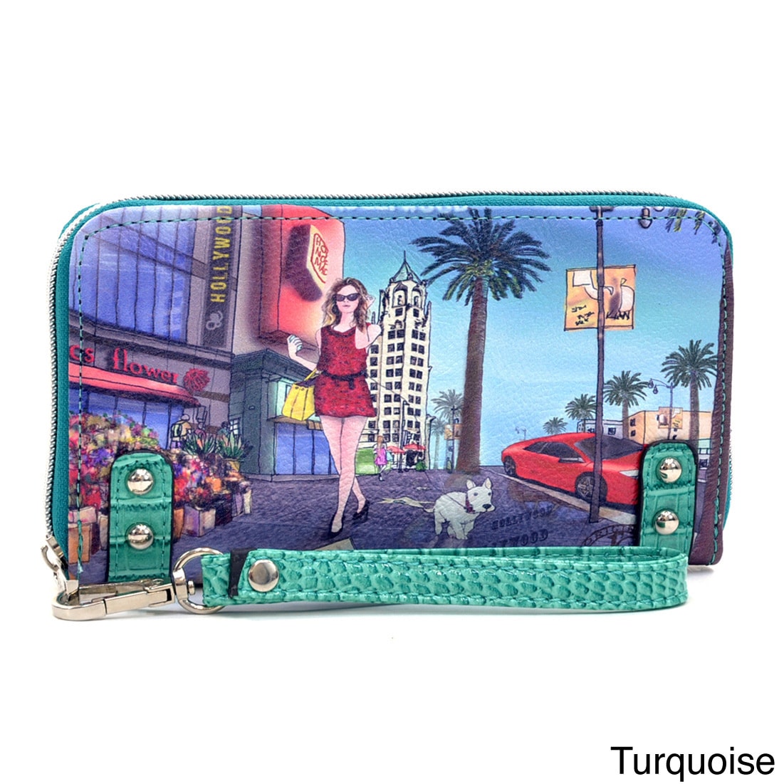 Hollywood Print Studded Zip around Wallet