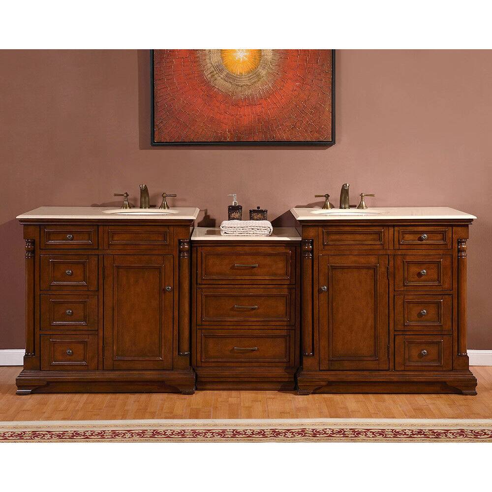 Silkroad Exclusive 92-inch Creamy Marble Counter Top Bathroom Double Sink Vanity