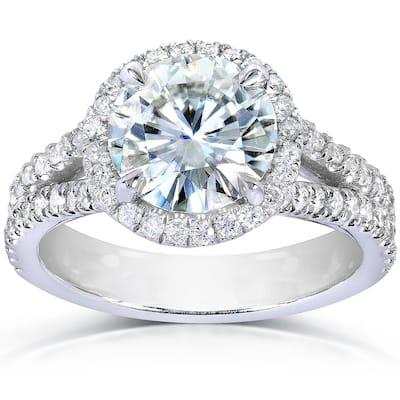 Annello by Kobelli 14k White Gold 2 2/5ct TGW Round-cut Moissanite and Diamond Halo Split Shank Engagement Ring