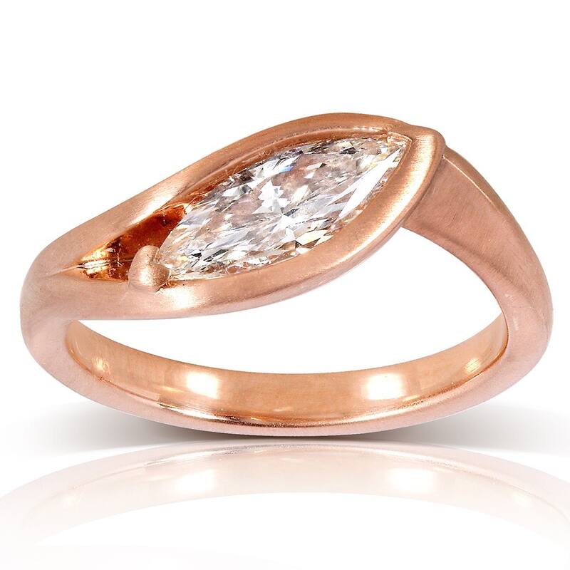Kobelli 0.96 Carat Natural Diamond Certified 14k Solid Rose Gold Marquise Solitaire Asymmetrical Cradle Ring - White