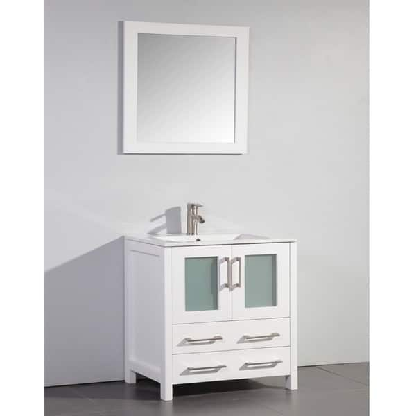 Shop Ceramic Top 30 Inch Sink White Bathroom Vanity And Matching Framed Mirror Overstock 9170370