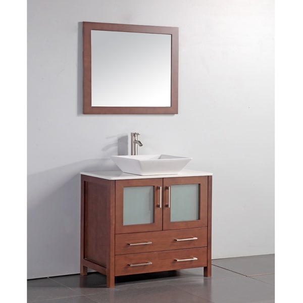 White Artificial Stone Top 36-inch Vessel Sink Cherry Bathroom Vanity and Matching Mirror