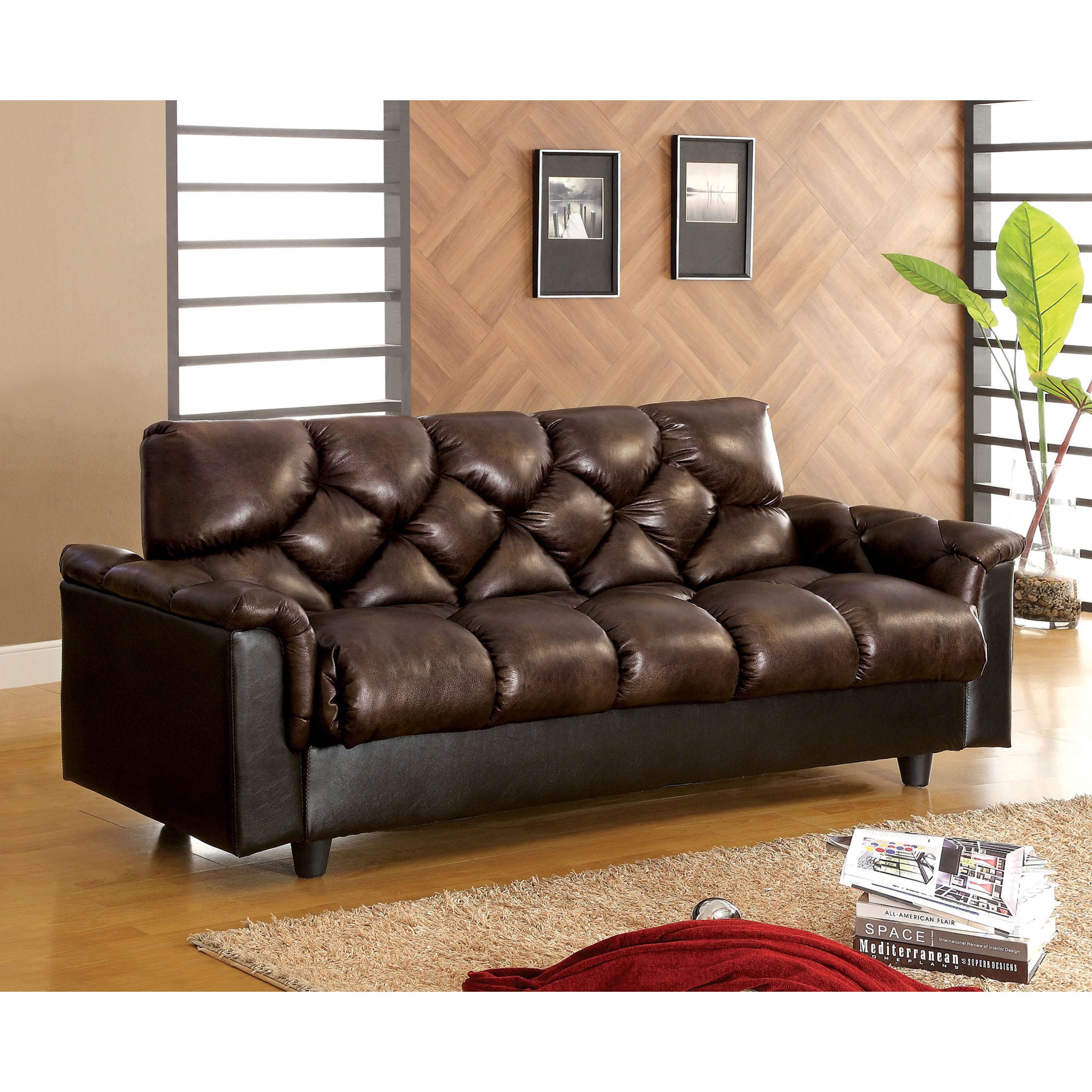 Furniture of America Pouffle Brown Leather Like Futon Sofa   16347264