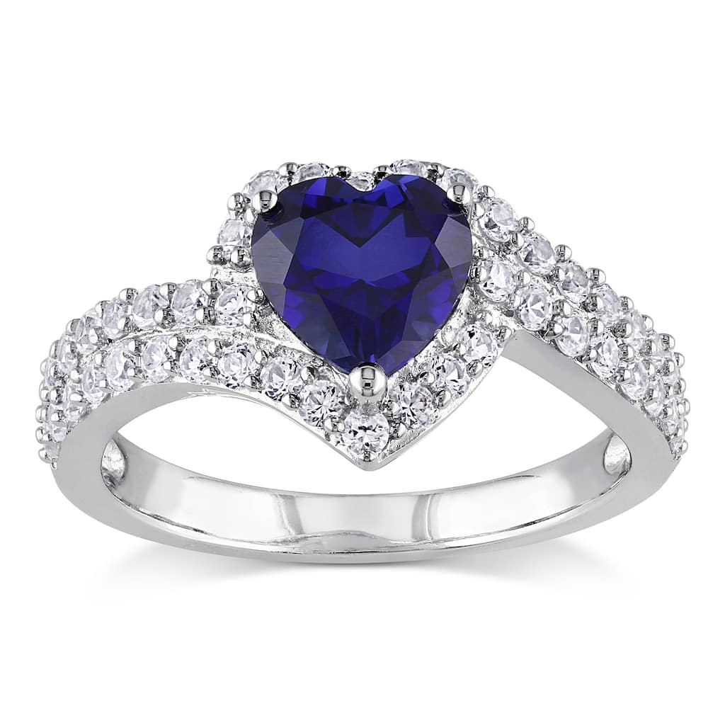 Miadora Sterling Silver Created White and Blue Sapphire Heart Halo Crossover Ring