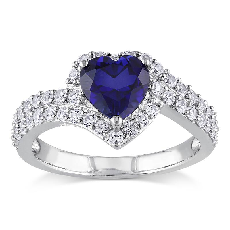 Miadora Sterling Silver Created White and Blue Sapphire Heart Halo Crossover Ring - 5