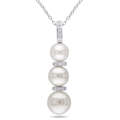 Miadora Sterling Silver Pearl and Diamond Accent Necklace (6-8.5 mm)