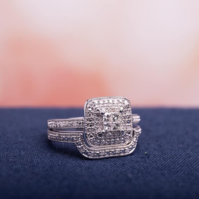 Miadora Sterling Silver Princess-cut Quad 1/3ct TDW Diamond Double Halo Bridal Ring Set