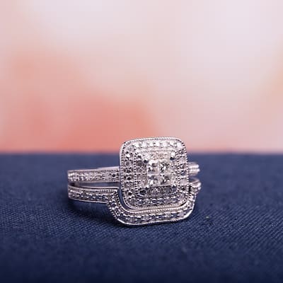 Miadora Sterling Silver Princess-cut Quad 1/3ct TDW Diamond Double Halo Bridal Ring Set