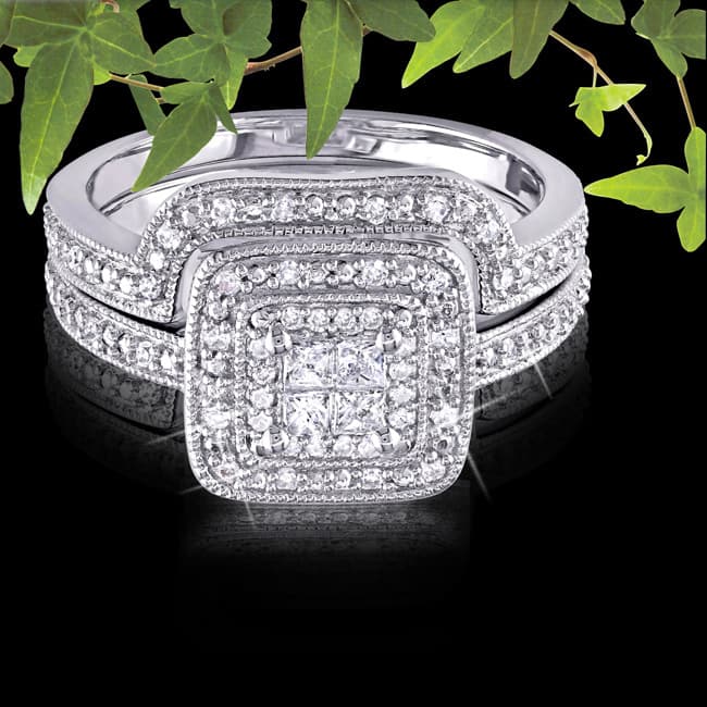 Miadora Sterling Silver Princess-cut Quad 1/3ct TDW Diamond Double Halo Bridal Ring Set