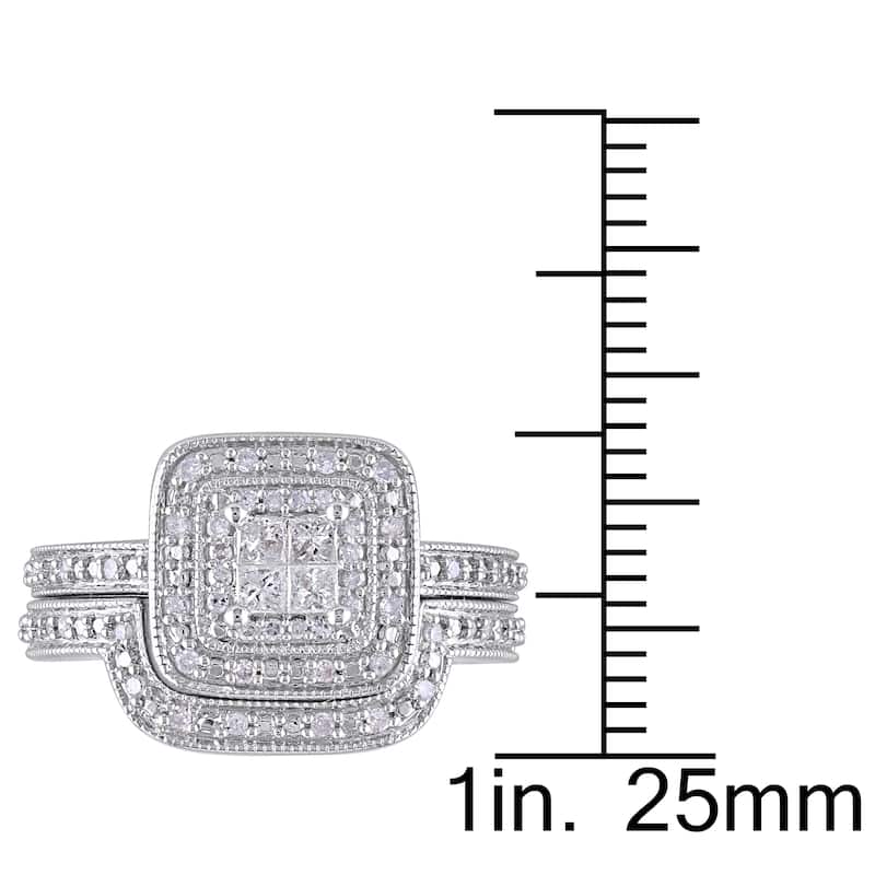Miadora Sterling Silver Princess-cut Quad 1/3ct TDW Diamond Double Halo Bridal Ring Set