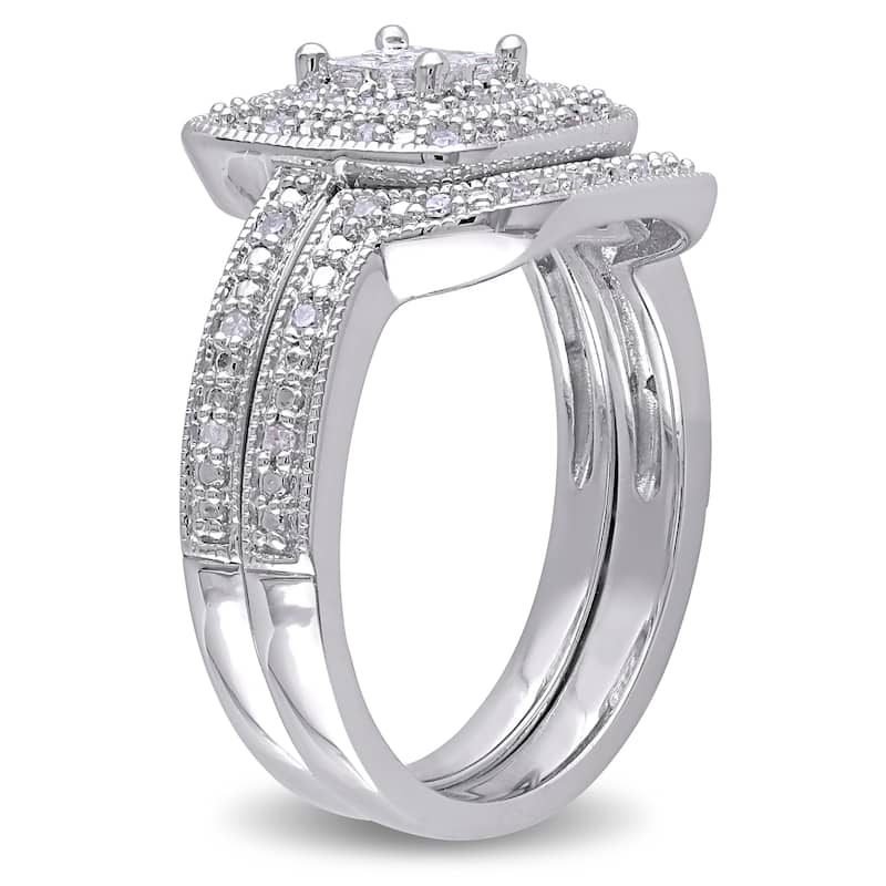 Miadora Sterling Silver Princess-cut Quad 1/3ct TDW Diamond Double Halo Bridal Ring Set