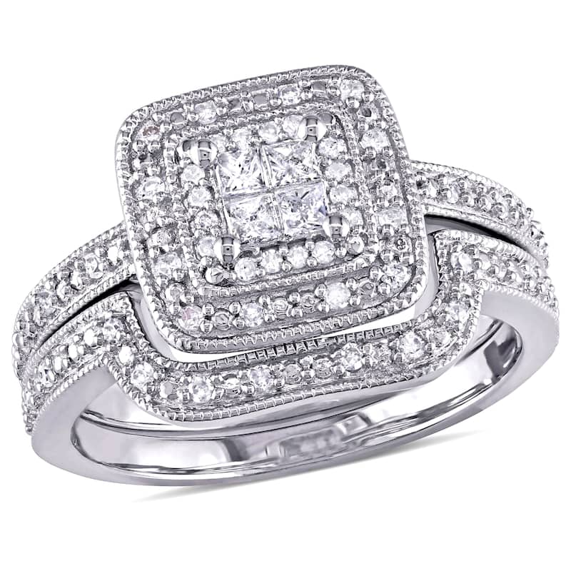 Miadora Sterling Silver Princess-cut Quad 1/3ct TDW Diamond Double Halo Bridal Ring Set