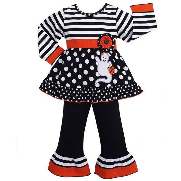 AnnLoren Girls' Halloween Stripe and Dot Ghost Outfit