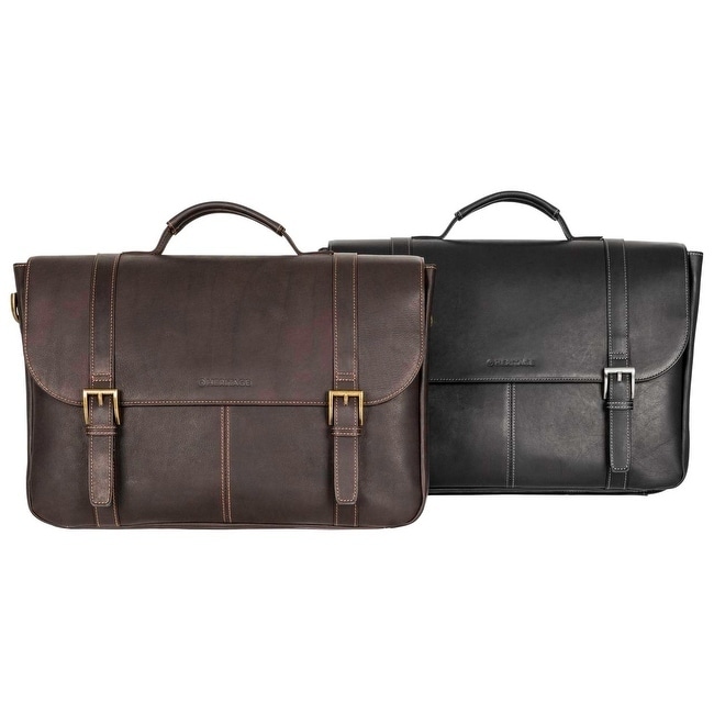 Leather Flap-Over 15-inch Laptop//Tablet Briefcase Black Solid Adjustable Strap Flapover Multi-Compartment