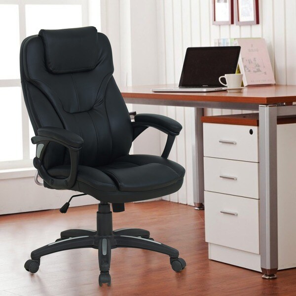 Shop Black Deluxe Faux Leather Support Office Chair with Padded Arm ...