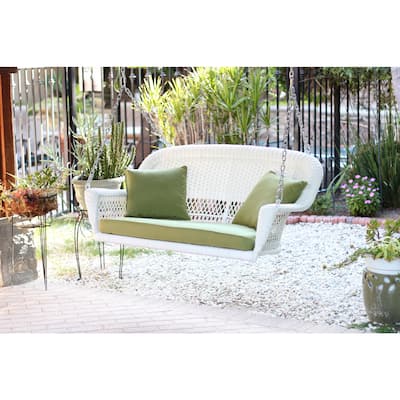 White Resin Wicker Porch Swing with Cushions