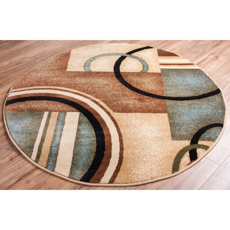 Well Woven Generations Modern Abstract Circles Light Blue, Beige, Ivory, and Brown Round Rug - 5'3