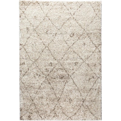 Well Woven Moroccan Lattice Shag Vanilla Super Plush Thick Ivory Beige Area Rug - 3'3 x 5'3