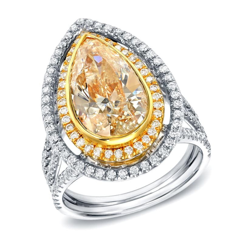 Auriya 14k Two-tone Gold 4ct TDW Fancy Yellow Diamond Pear Halo Ring (G-H, SI1-SI2)