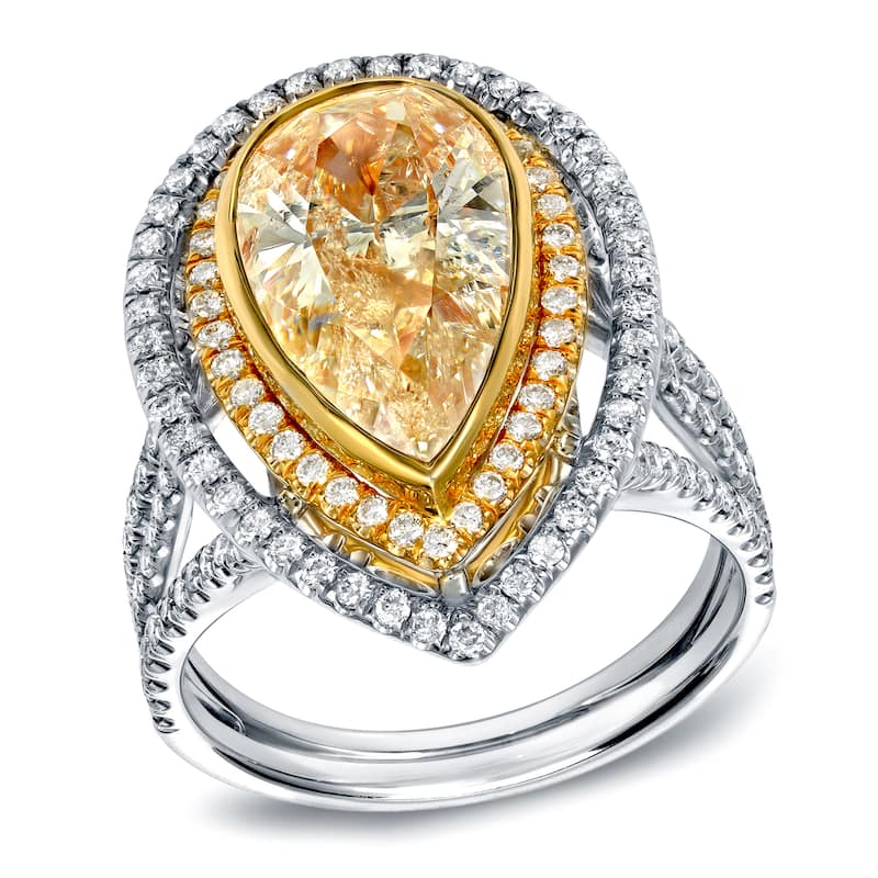 Auriya 14k Two-tone Gold 4ct TDW Fancy Yellow Diamond Pear Halo Ring (G-H, SI1-SI2)