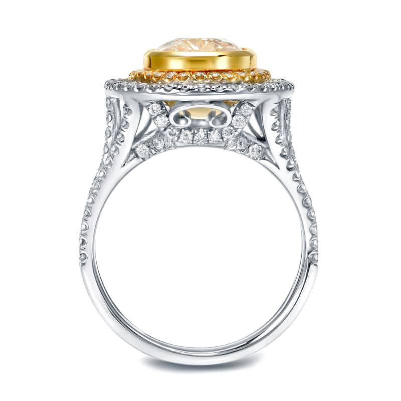 Auriya 14k Two-tone Gold 4ct TDW Fancy Yellow Diamond Pear Halo Ring (G-H, SI1-SI2)