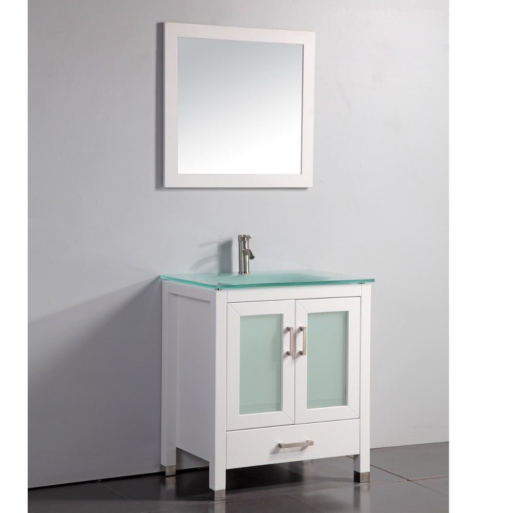 Tempered Glass Top White 30 Inch Bathroom Vanity With Matching Framed Mirror And Faucet Overstock 9184336