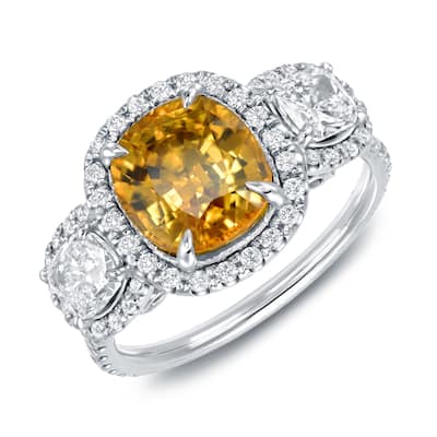 Auriya 14k Gold 3ct Cushion-cut Yellow Sapphire Halo Diamond Engagement Ring 1 2/5ctw (H-I, SI1-SI2)