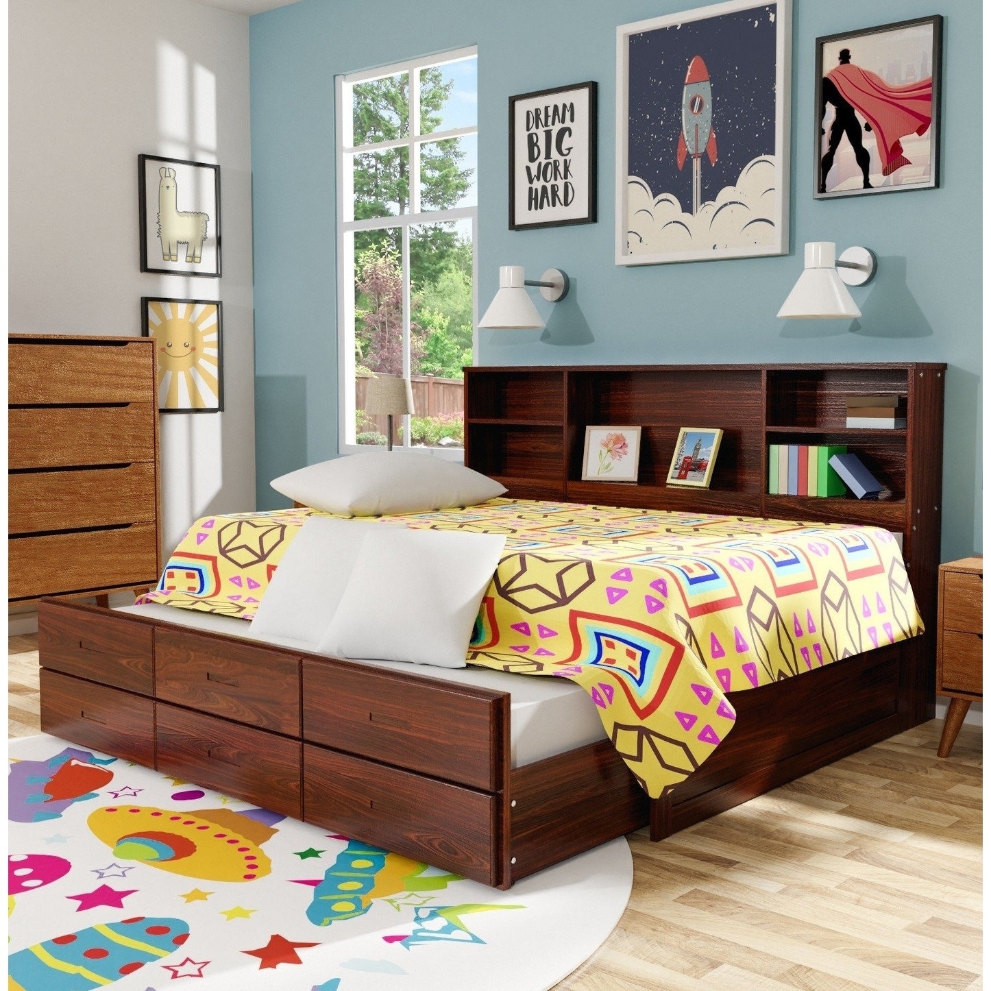 Furniture Of America Percius Cherry Captain Bed With Trundle And Bookcase Headboard