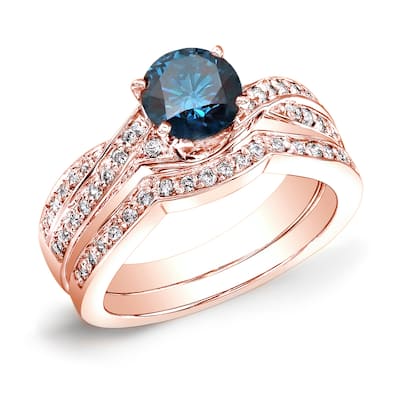Auriya 14k Rose Gold 3/4ctw Twisted Round Blue Diamond Engagement Ring Set
