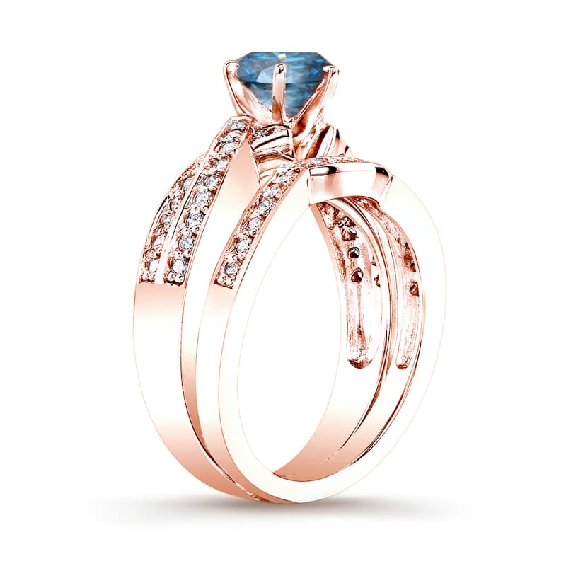 Auriya 14k Rose Gold 3/4ctw Twisted Round Blue Diamond Engagement Ring Set