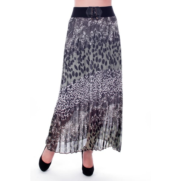 Womens Grey Animal Print Pleated Long Skirt   16363649  